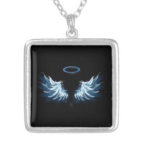 Blue Glowing Angel Wings on black background Silver Plated Necklace
