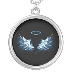 Blue Glowing Angel Wings on black background Silver Plated Necklace