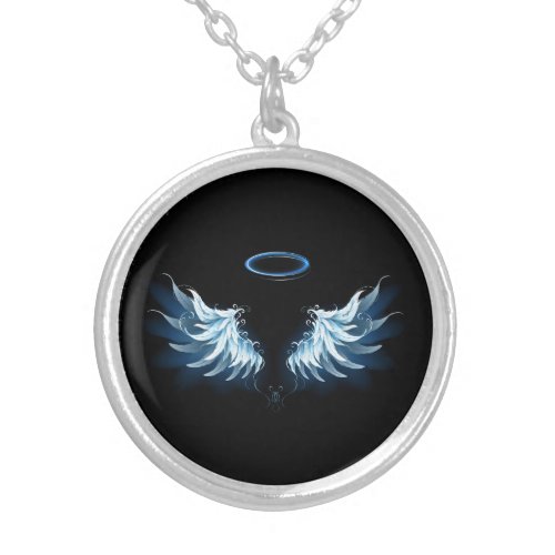 Blue Glowing Angel Wings on black background Silver Plated Necklace