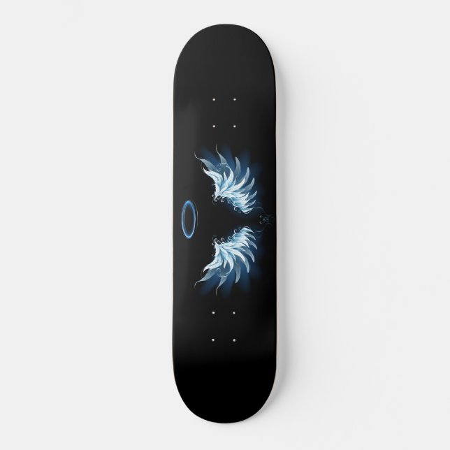 Blue Glowing Angel Wings on black background Skateboard (Front)