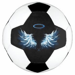 Blue Glowing Angel Wings on black background Soccer Ball
