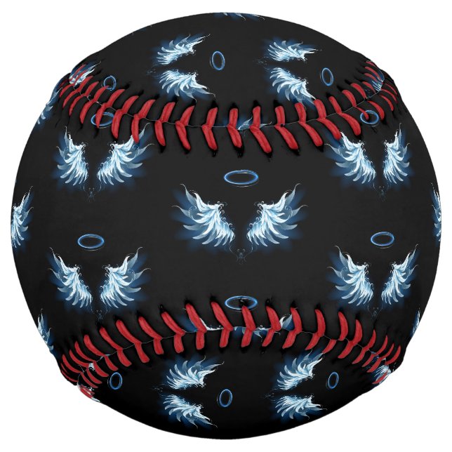 Blue Glowing Angel Wings on black background Softball (Front)