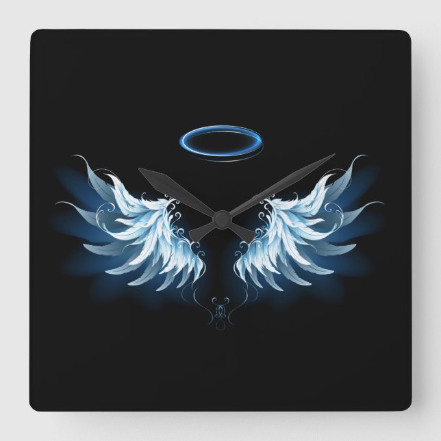 Blue Glowing Angel Wings on black background Square Wall Clock (Front)