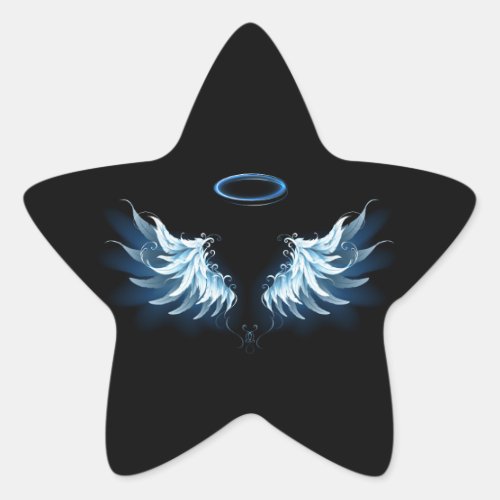 Blue Glowing Angel Wings on black background Star Sticker