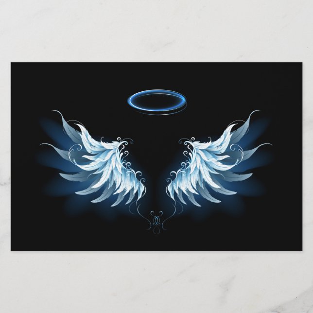 Blue Glowing Angel Wings on black background Stationery (Front)