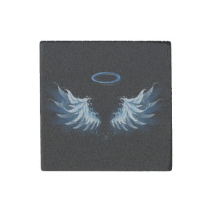 Blue Glowing Angel Wings on black background Stone Magnet