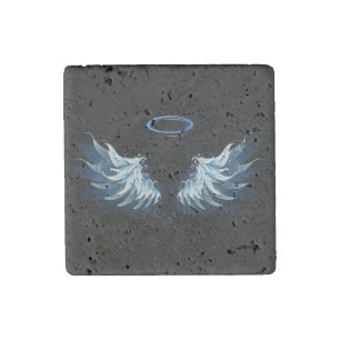 Blue Glowing Angel Wings on black background Stone Magnet