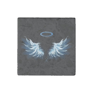 Blue Glowing Angel Wings on black background Stone Magnet