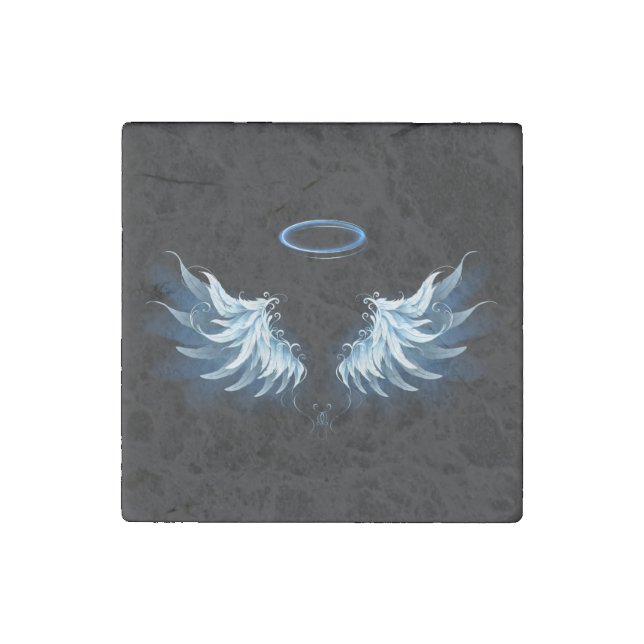 Blue Glowing Angel Wings on black background Stone Magnet (Front)
