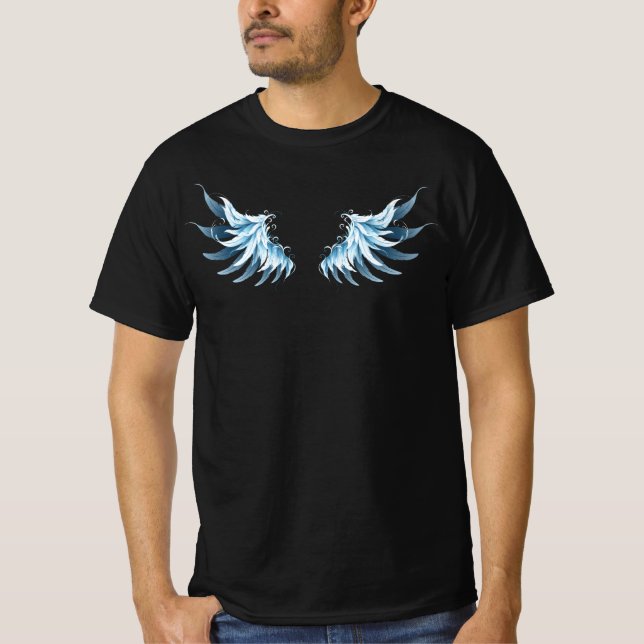 Blue Glowing Angel Wings on black background T-Shirt (Front)