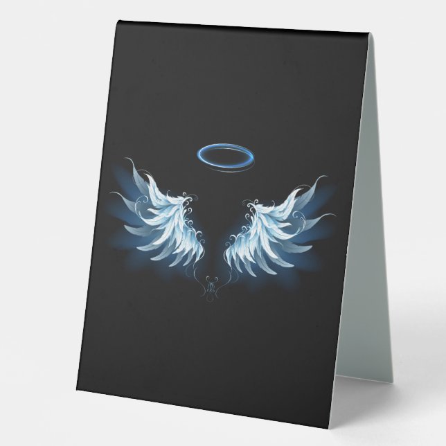 Blue Glowing Angel Wings on black background Table Tent (Front)