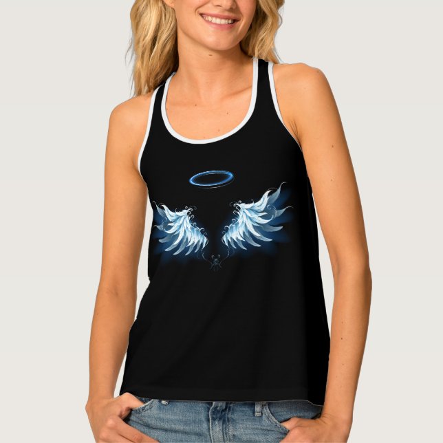 Blue Glowing Angel Wings on black background Tank Top (Front)