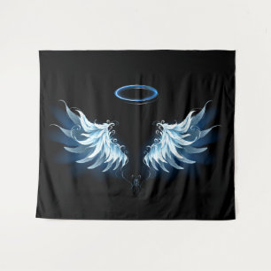 Blue Glowing Angel Wings on black background Tapestry