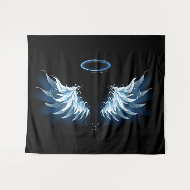 Blue Glowing Angel Wings on black background Tapestry (Front (Horizontal))