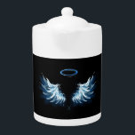 Blue Glowing Angel Wings on black background Teapot<br><div class="desc">Light,  artistic,  blue angel wings on a black background. Angel wings.</div>