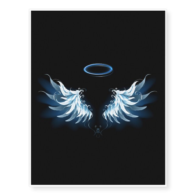 Blue Glowing Angel Wings on black background Temporary Tattoos (Front)