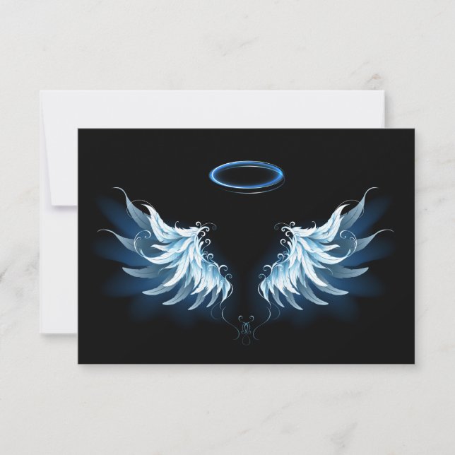Blue Glowing Angel Wings on black background Thank You Card (Front)