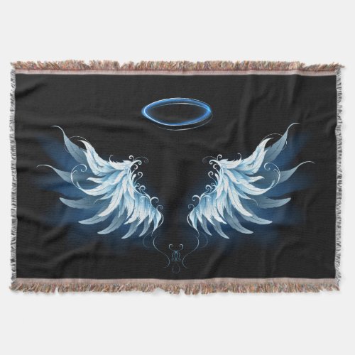 Blue Glowing Angel Wings on black background Throw Blanket