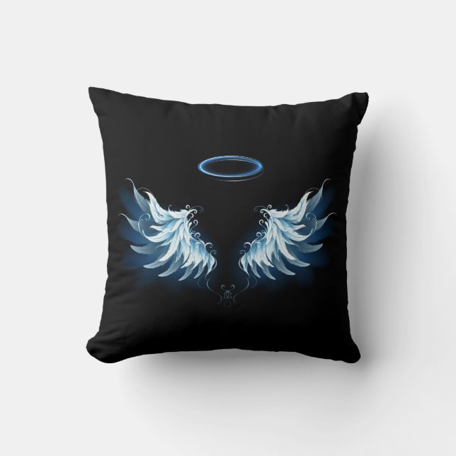Blue Glowing Angel Wings on black background Throw Pillow (Front)