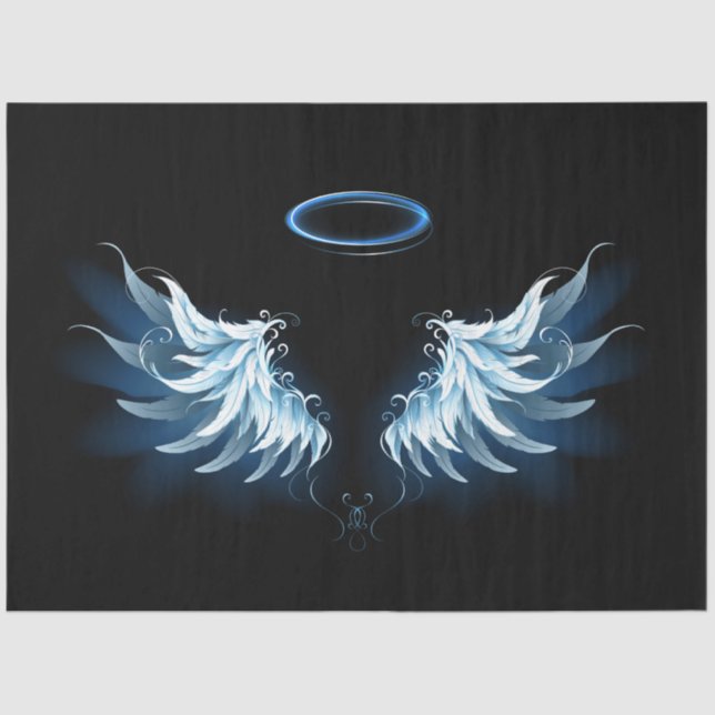 Blue Glowing Angel Wings on black background Tissue Paper (Front)
