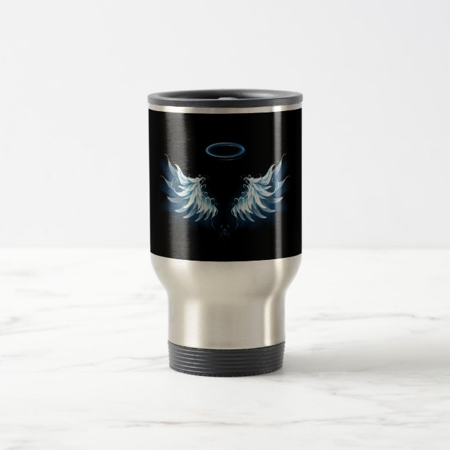 Blue Glowing Angel Wings on black background Travel Mug (Center)