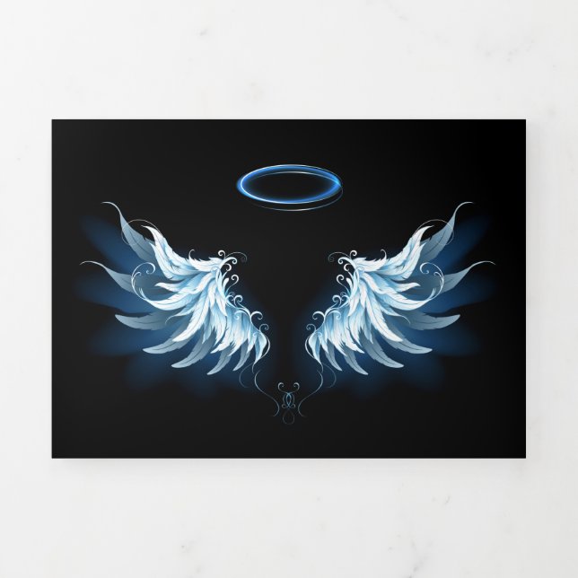 Blue Glowing Angel Wings on black background Tri-Fold Program (Cover)