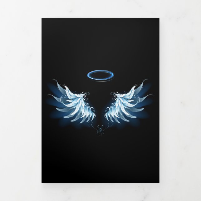 Blue Glowing Angel Wings on black background Tri-Fold Program (Cover)