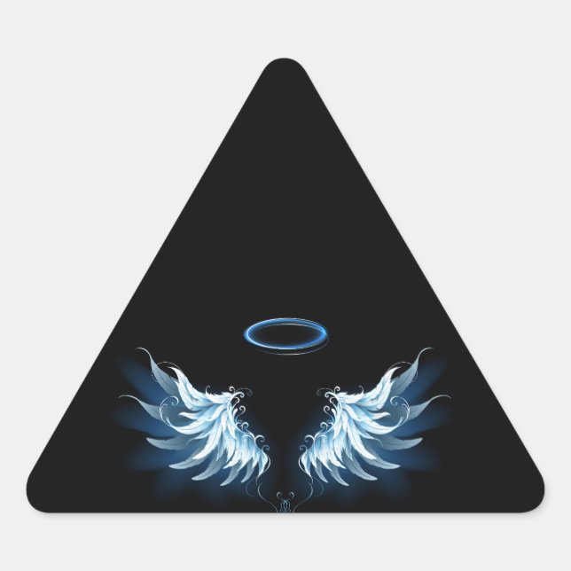 Blue Glowing Angel Wings on black background Triangle Sticker (Front)