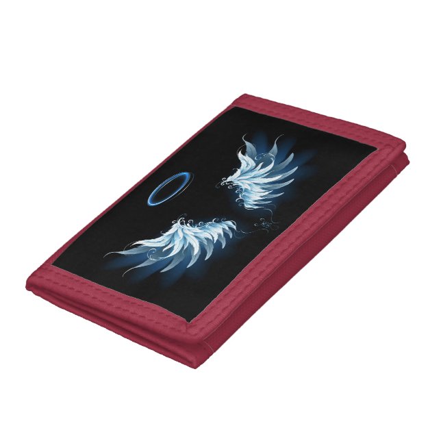 Blue Glowing Angel Wings on black background Trifold Wallet (Bottom)