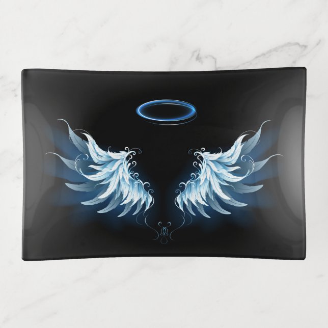 Blue Glowing Angel Wings on black background Trinket Tray (Front)