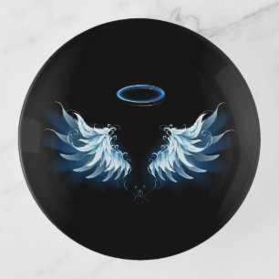 Blue Glowing Angel Wings on black background Trinket Tray