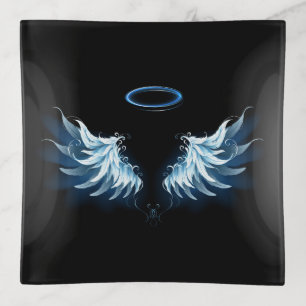 Blue Glowing Angel Wings on black background Trinket Tray