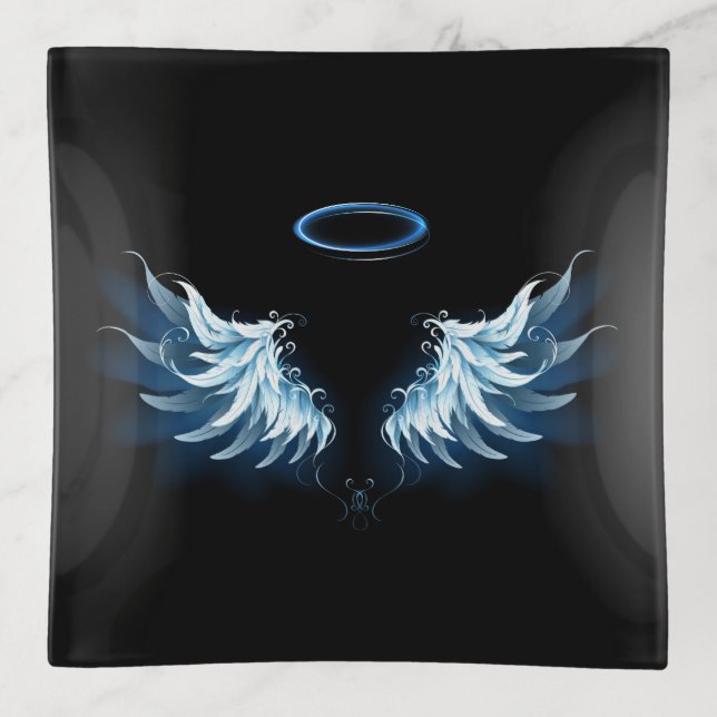 Blue Glowing Angel Wings on black background Trinket Tray (Front)