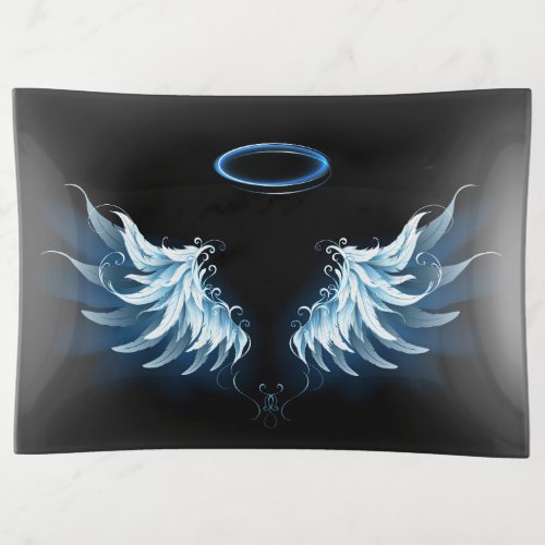 Blue Glowing Angel Wings on black background Trinket Tray