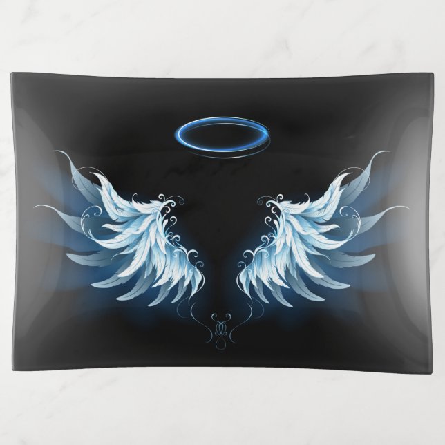 Blue Glowing Angel Wings on black background Trinket Tray (Front)