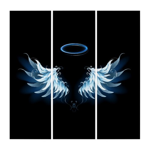 Blue Glowing Angel Wings on black background Triptych