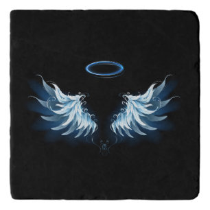 Blue Glowing Angel Wings on black background Trivet