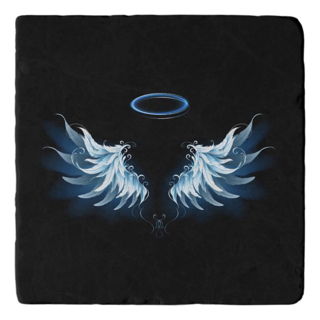 Blue Glowing Angel Wings on black background Trivet (Front)