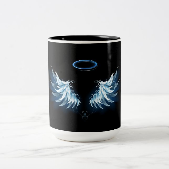 Blue Glowing Angel Wings on black background Two-Tone Coffee Mug (Center)