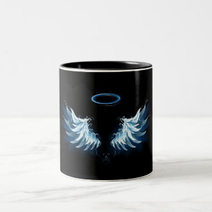 Blue Glowing Angel Wings on black background Two-Tone Coffee Mug