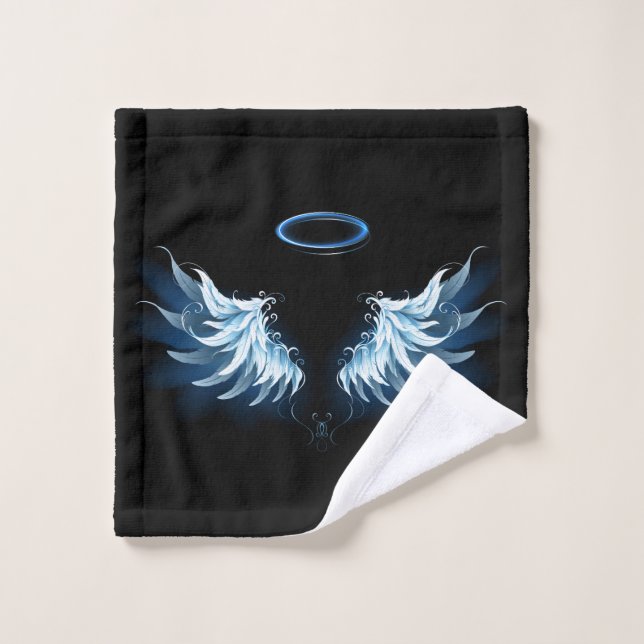 Blue Glowing Angel Wings on black background Wash Cloth (Wash Cloth)
