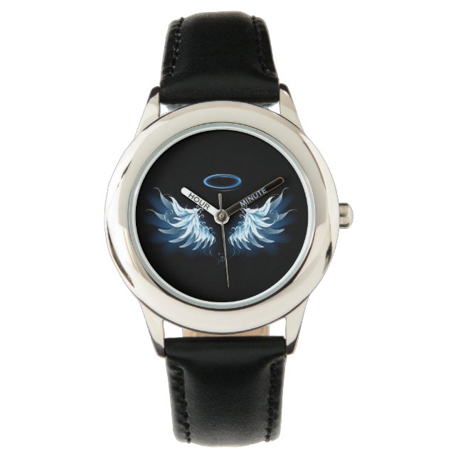 Blue Glowing Angel Wings on black background Watch (Front)
