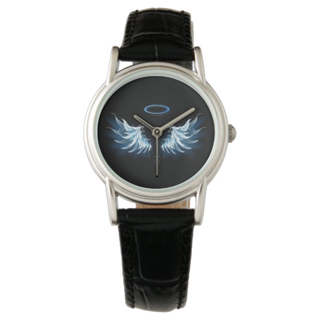 Blue Glowing Angel Wings on black background Watch (Front)
