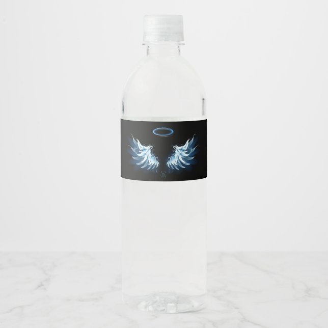Blue Glowing Angel Wings on black background Water Bottle Label (Front)