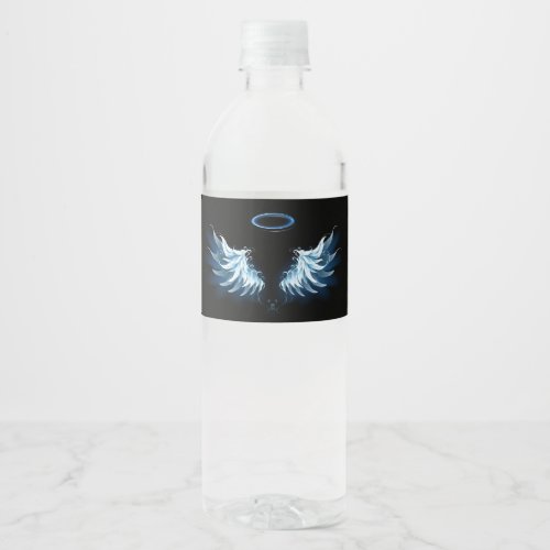 Blue Glowing Angel Wings on black background Water Bottle Label