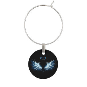 Blue Glowing Angel Wings on black background Wine Charm