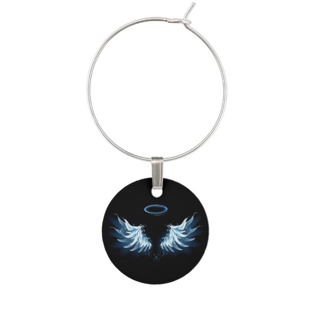 Blue Glowing Angel Wings on black background Wine Charm (Front)