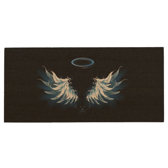 Blue Glowing Angel Wings on black background Wood Flash Drive (Back)