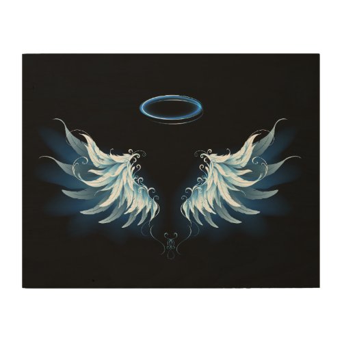 Blue Glowing Angel Wings on black background Wood Wall Art