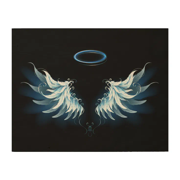 Blue Glowing Angel Wings on black background Wood Wall Art | Zazzle